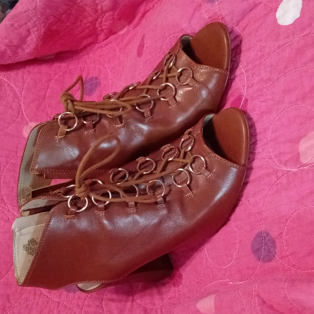 Nine West - Brown Bree Leather Peep Toe Bootie 12